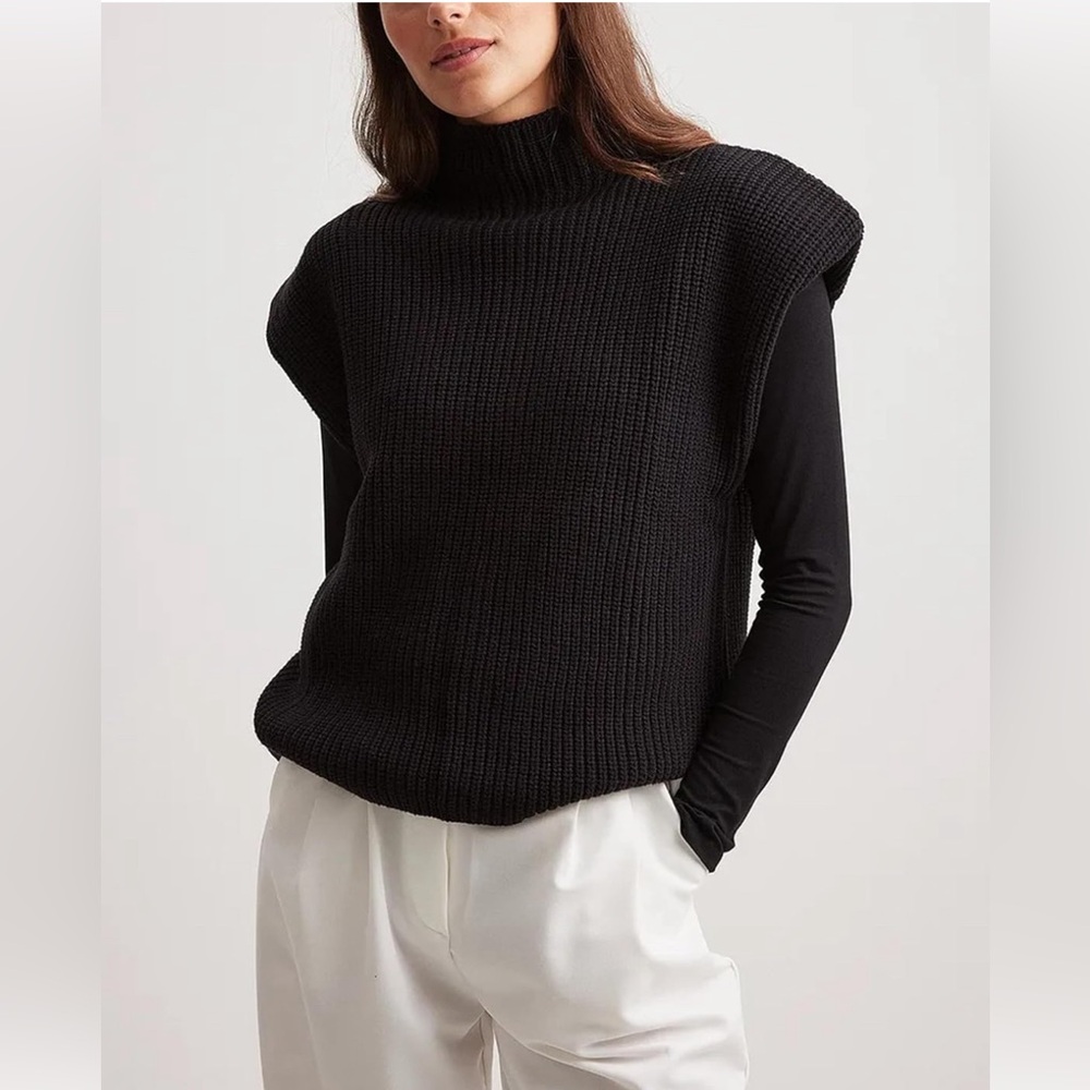 Sleeveless Vest Elegant High Neck Stretchable Cap Sleeve Knit Sweater Black